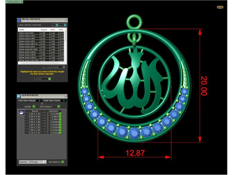 Gold Allah Calligraphy Gemstone Pendant CAD 3D Print Model