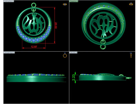 Gold Allah Calligraphy Gemstone Pendant CAD 3D Print Model