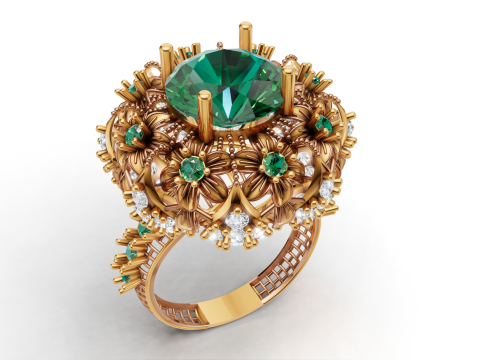 Gold Multi-Stone Floral Gemstone Cocktail Statement Ring 3D Print Model