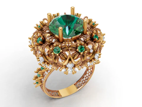 Anillo llamativo de c&oacute;ctel con piedras preciosas florales y m&uacute;ltiples piedras doradas Modelo de impresión 3D