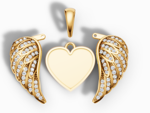 守护天使之翼心形吊坠 3D 打印模型