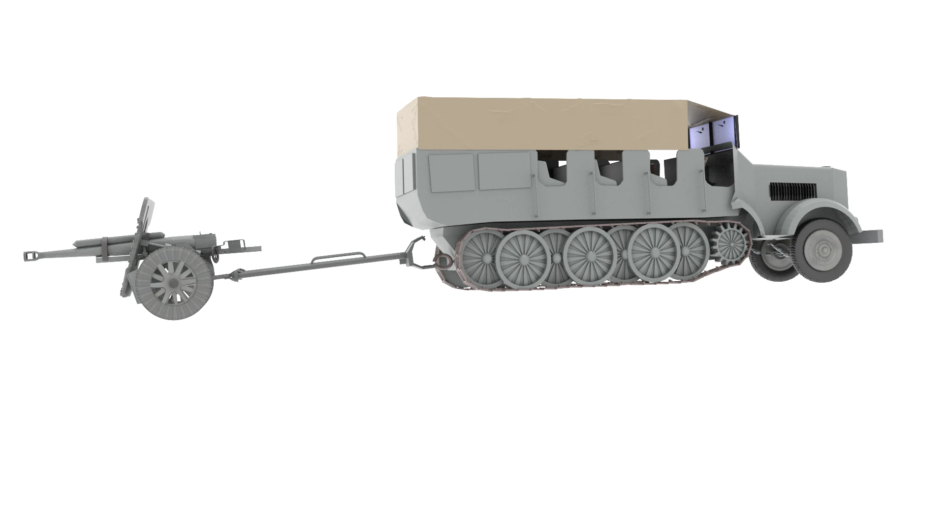 WW2 German Sdkfz9 Prime Mover with 150 FH Artillery 3D Model .c4d .max .obj .3ds .fbx .stl .blend 