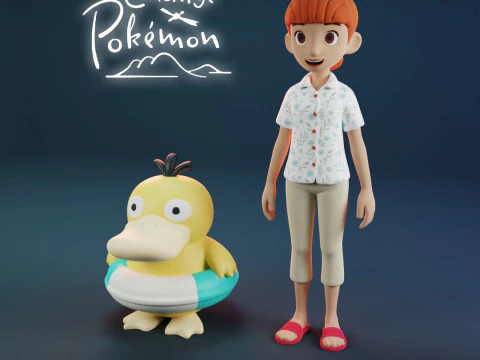 Haru and Psyduck - Pokemon Concierge - RIG file 3D Print Model
