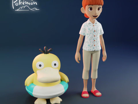 Haru and Psyduck - Pokemon Concierge - RIG file 3D Print Model