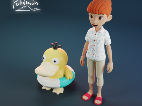 Haru and Psyduck - Pokemon Concierge - RIG file Modèles 3D en vedette