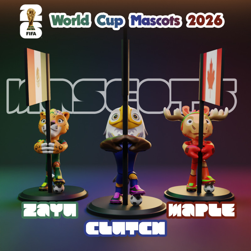2026 World Cup Mascot Pack with Flags - Zayu - Clutch - Maple 3D 프린트 모델 .c4d .max .obj .3ds .fbx .stl .blend