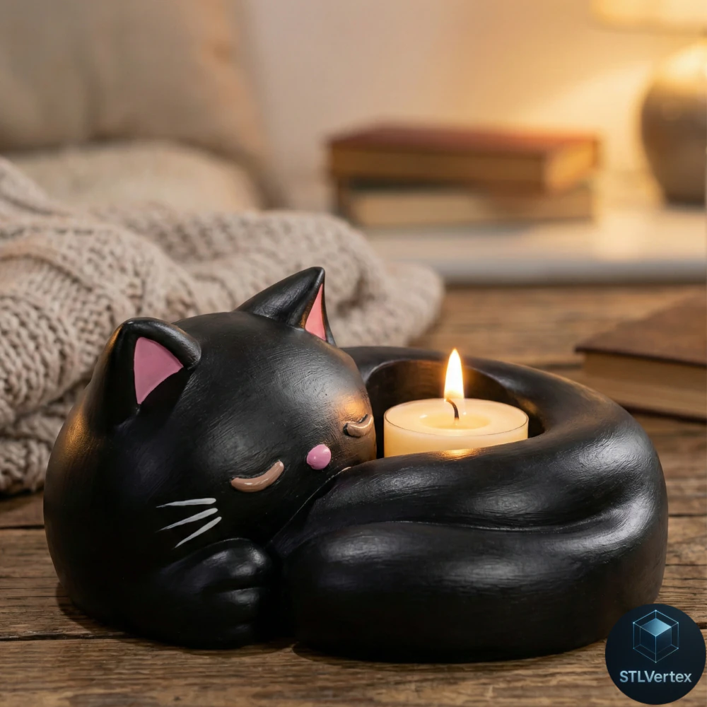 Sleeping Cat Candle Holder 3D Printable Model 3D Print Model .c4d .max .obj .3ds .fbx .stl .blend