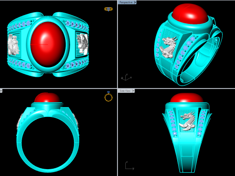 龙戒指 - 椭圆形宝石男士戒指 - 男士戒指 - N231 3D 打印模型