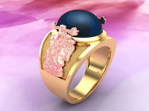Pierścionek Boga bogactwa - Pierścionek Caishen - Owalne kamienne męskie pierścionki - N1002 Model do druku 3D