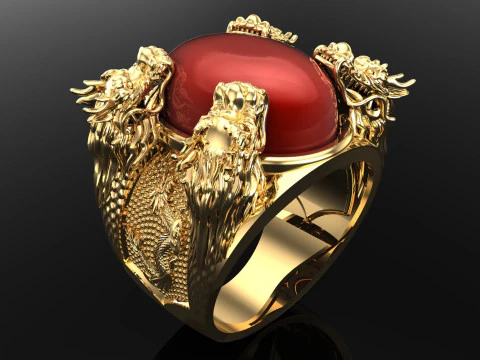 Pierścionek z czterema smokami - Owalne kamienne męskie pierścionki - N1140 Model do druku 3D