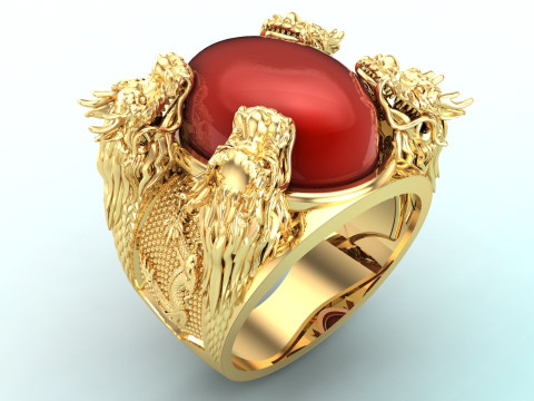 Four dragon ring - Oval stone mens rings - N1140 3D 打印模型