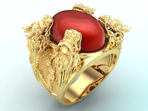 Four dragon ring - Oval stone mens rings - N1140 3D Print Model