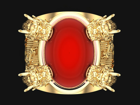 Four dragon ring - Oval stone mens rings - N1140 3D 打印模型