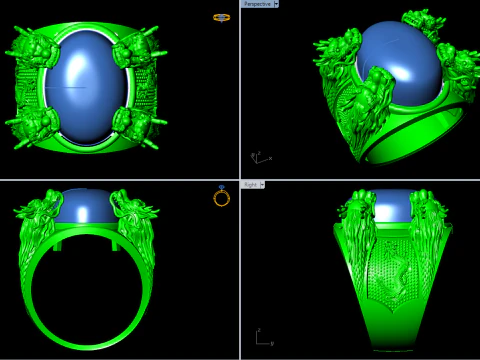 Four dragon ring - Oval stone mens rings - N1140 3D Print Model