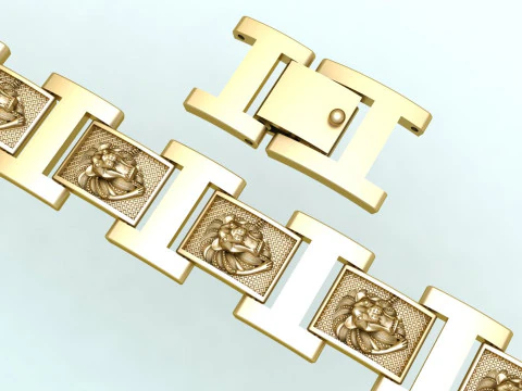 ライオン ブレスレット - チェーン ブレスレット - メンズ ライオン ブレスレット - N930321 3Dプリントモデル