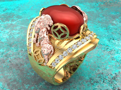 Pierścionek z tygrysem - Męski pierścionek z tygrysem - Męski owalny pierścionek z kamieniem - N954 Model do druku 3D