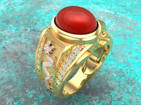 Pierścień Smoka - Męski owalny kamienny pierścionek - Męski pierścionek - N835 Model do druku 3D