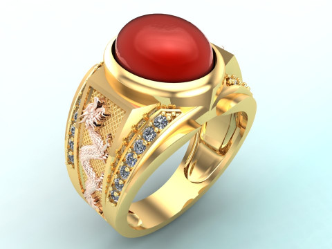 Dragon Ring - Mens Oval Stone Ring - Mens Ring - N835 3D Принт Модель
