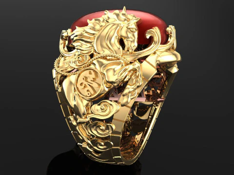 Horse ring - Mens horse ring - Mens oval stone ring - N1001 3D Print Model