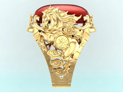 Horse ring - Mens horse ring - Mens oval stone ring - N1001 3D Print Model