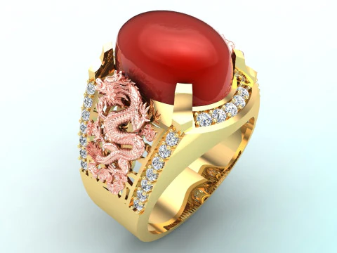 Pierścionek ze smokiem - Męski owalny kamienny pierścionek - Męski pierścionek - N141 Model do druku 3D