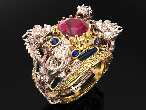 Pierścień czterech smoków - Pierścień smoka - Pierścień męski - N323 Model do druku 3D