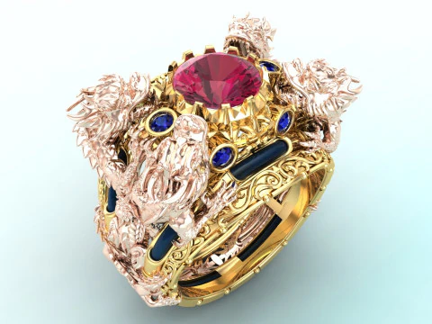 Four Dragon Ring - Dragon Ring - Mens Ring - N323 3D Print Model