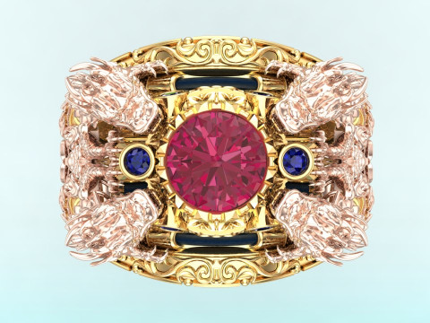 Four Dragon Ring - Dragon Ring - Mens Ring - N323 3Dプリントモデル