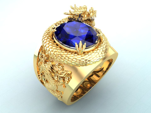 Dragon Ring - Mens Oval Stone Ring - Mens Ring - N334 3D 打印模型