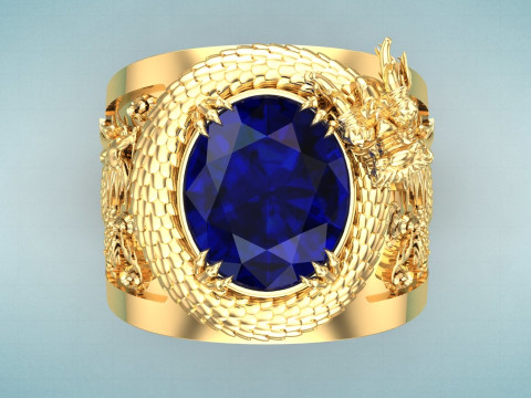 Dragon Ring - Mens Oval Stone Ring - Mens Ring - N334 3D 打印模型
