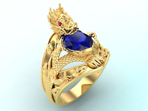 Dragon Ring - Mens Oval Stone Ring - Mens Ring - N637 3D Print Model