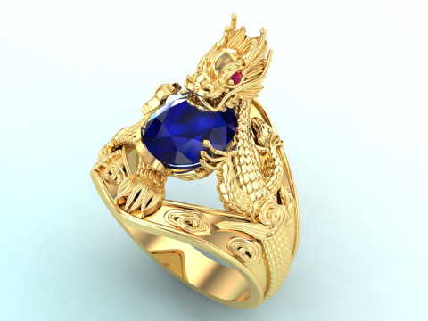 Dragon Ring - Mens Oval Stone Ring - Mens Ring - N637 3D Print Model