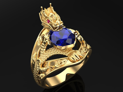 Dragon Ring - Mens Oval Stone Ring - Mens Ring - N637 3D Print Model