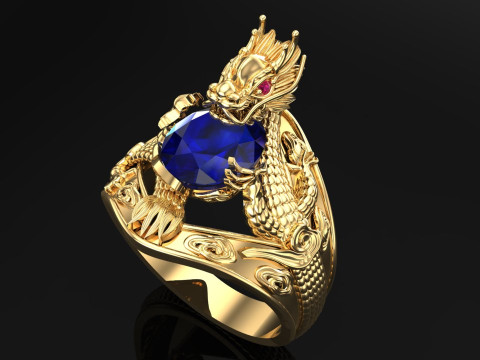 Dragon Ring - Mens Oval Stone Ring - Mens Ring - N637 3D Print Model