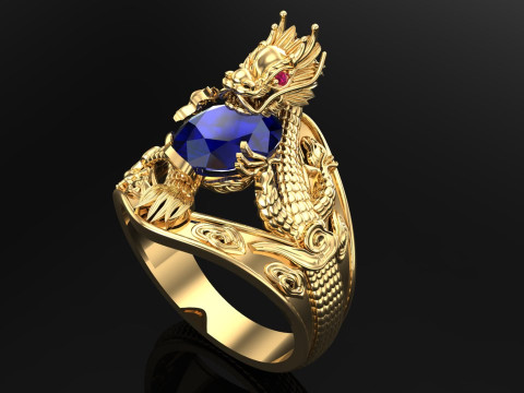 Dragon Ring - Mens Oval Stone Ring - Mens Ring - N637 3D Print Model