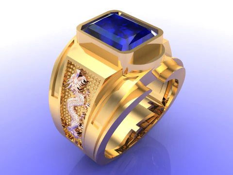 Каблучка з драконом - Чоловіча каблучка з прямокутним камінням - Чоловіча каблучка - N837 3D Принт Модель