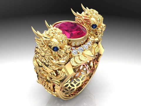 ユニコーン リング - 貔貅リング - メンズ オーバル ストーン リング - N1123 3Dプリントモデル