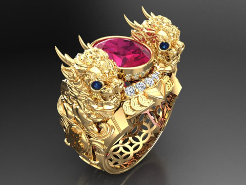 Unicorn ring - Pixiu ring - Mens oval stone ring - N1123 3D Принт Модель