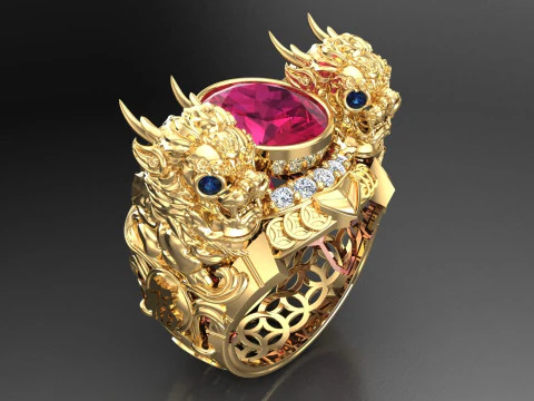 ユニコーン リング - 貔貅リング - メンズ オーバル ストーン リング - N1123 3Dプリントモデル