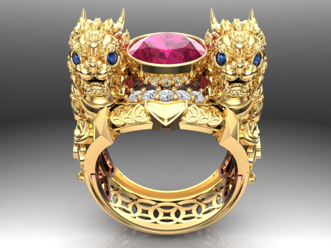 Unicorn ring - Pixiu ring - Mens oval stone ring - N1123 3D Принт Модель