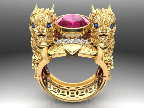 ユニコーン リング - 貔貅リング - メンズ オーバル ストーン リング - N1123 3Dプリントモデル