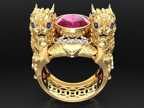 Unicorn ring - Pixiu ring - Mens oval stone ring - N1123 3D Принт Модель