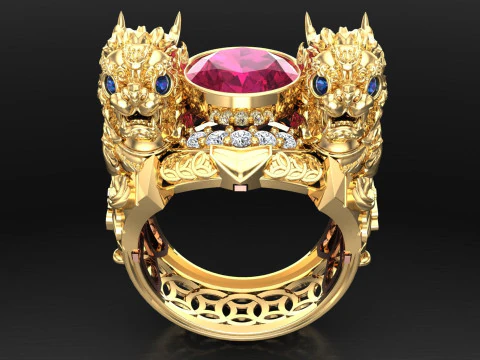 ユニコーン リング - 貔貅リング - メンズ オーバル ストーン リング - N1123 3Dプリントモデル