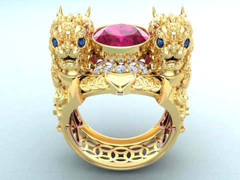 Unicorn ring - Pixiu ring - Mens oval stone ring - N1123 3D Принт Модель
