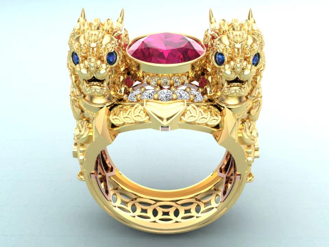 ユニコーン リング - 貔貅リング - メンズ オーバル ストーン リング - N1123 3Dプリントモデル