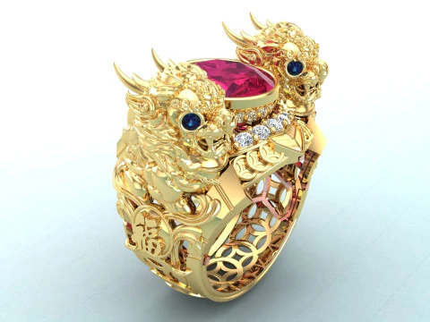 ユニコーン リング - 貔貅リング - メンズ オーバル ストーン リング - N1123 3Dプリントモデル