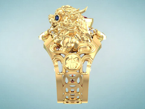 ユニコーン リング - 貔貅リング - メンズ オーバル ストーン リング - N1123 3Dプリントモデル