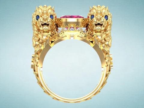 ユニコーン リング - 貔貅リング - メンズ オーバル ストーン リング - N1123 3Dプリントモデル