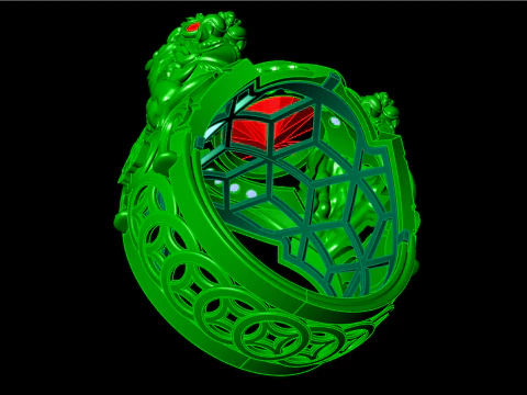 ユニコーン リング - 貔貅リング - メンズ オーバル ストーン リング - N1123 3Dプリントモデル