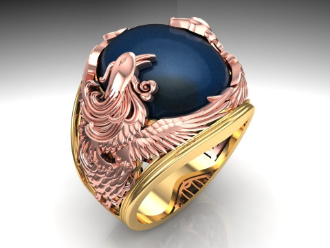 Phoenix ring - Mens oval stone ring - Mens ring - N958 Modelo de impresión 3D
